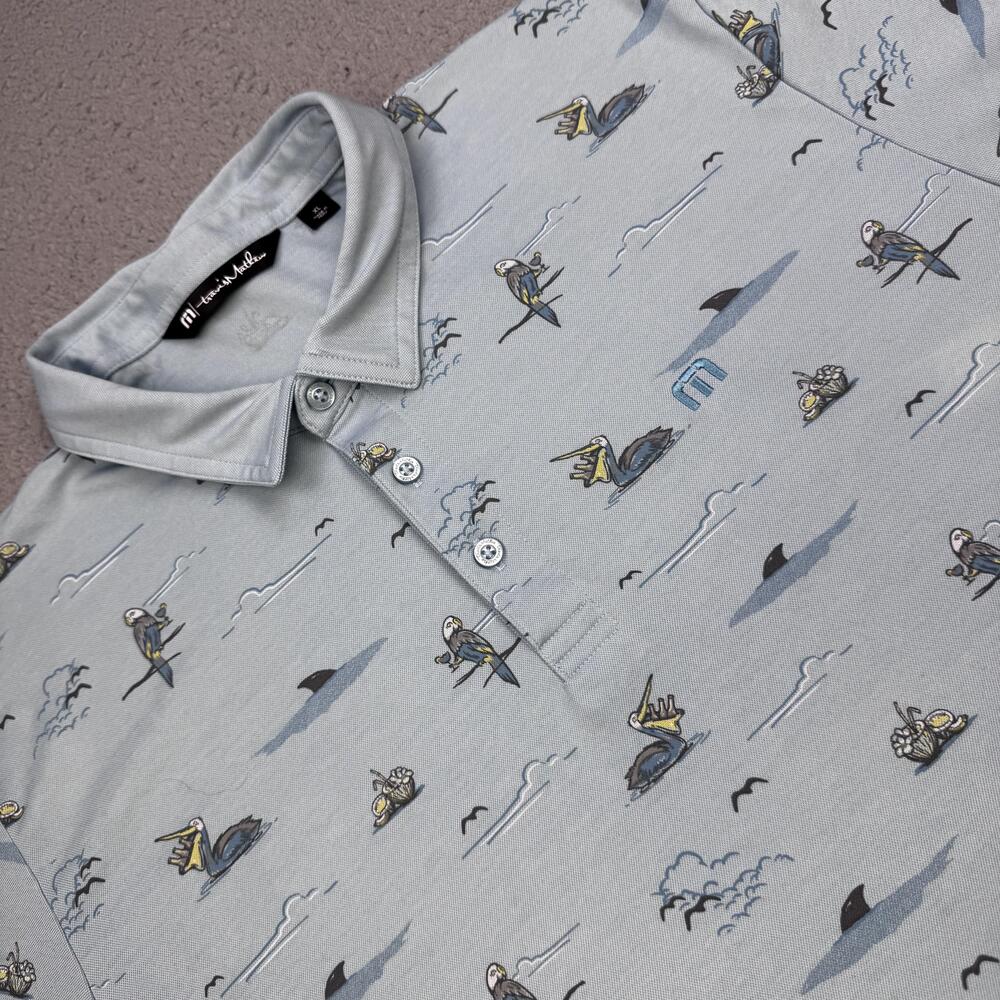 TravisMathew Polo Shirt Mens Extra Large Gray Golf Pima Cotton Pelican Print